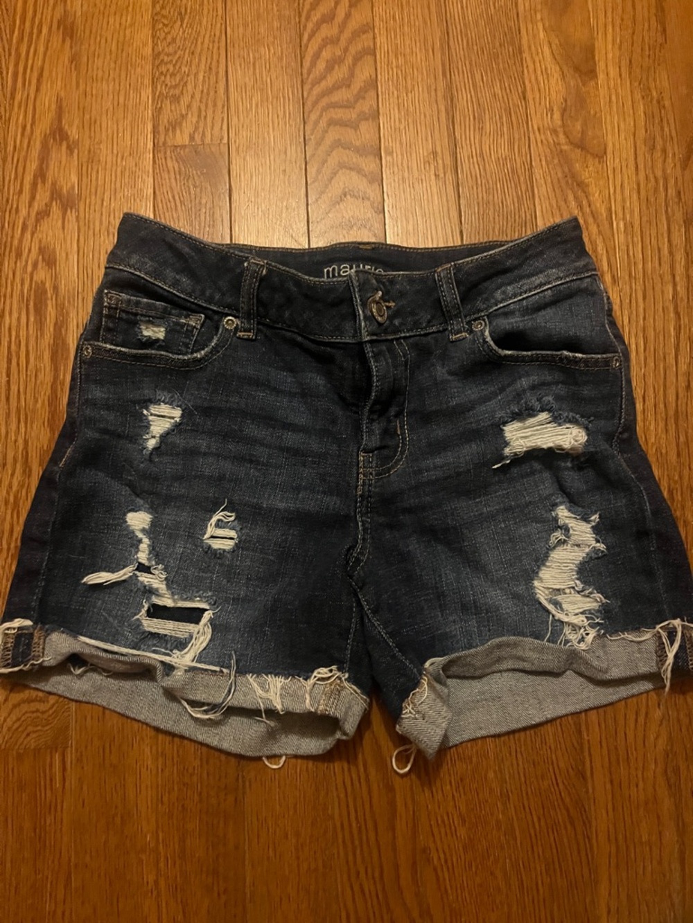 Maurices Dark Blue Distressed Rolled-Hem Denim Shorts